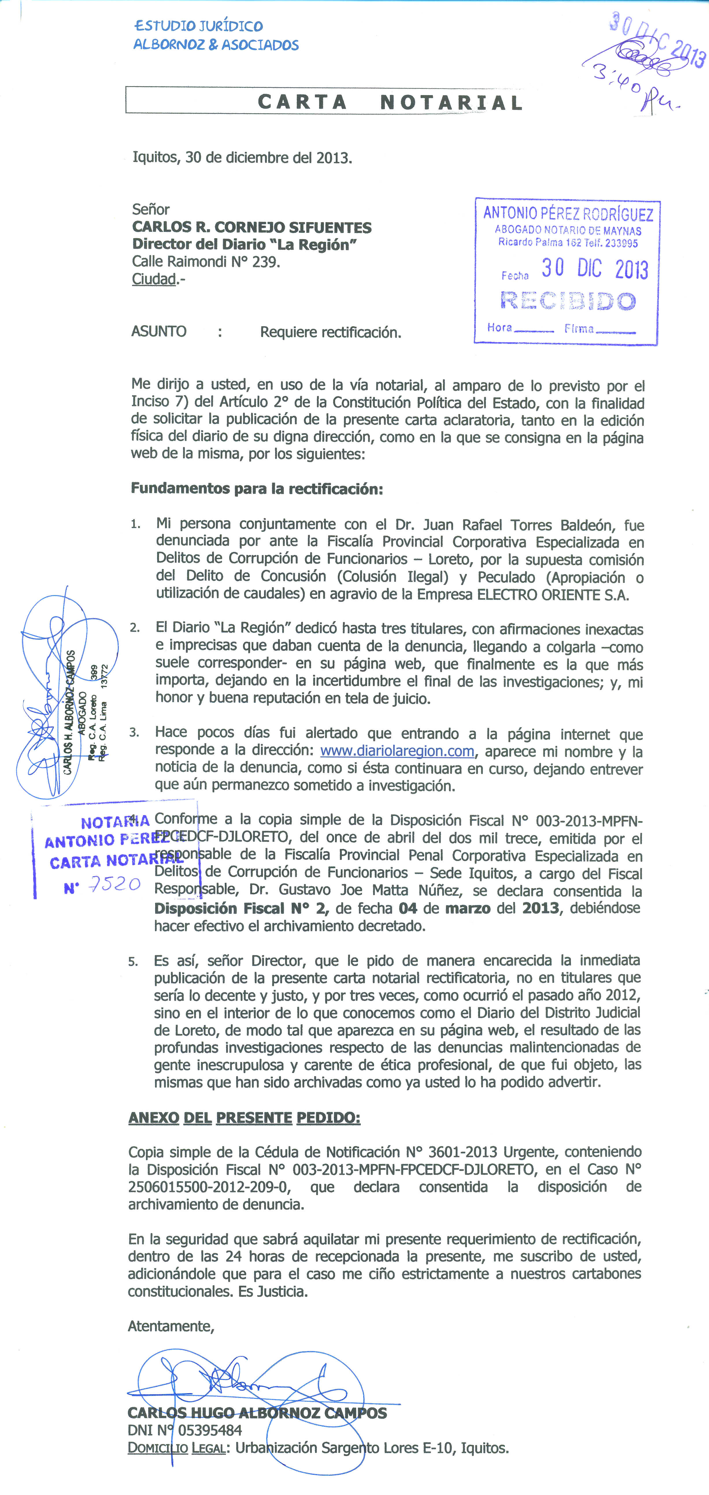 Carta aclaratoria del señor Carlos Hugo Albornoz Campos