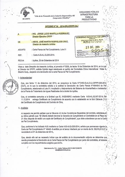 Informe legal OPIPP de anterior gestión opinó a favor de pago de carta  fianza a empresa china | Diario de Noticias y Actualidad de Loreto -  Iquitos - Ucayali - Requena -