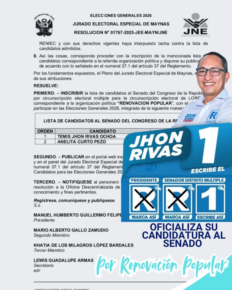 Oficialmente inscrito: rumbo al senado del Congreso de la República por y para Loreto con ideas sólidas y esperanzas renovadoras