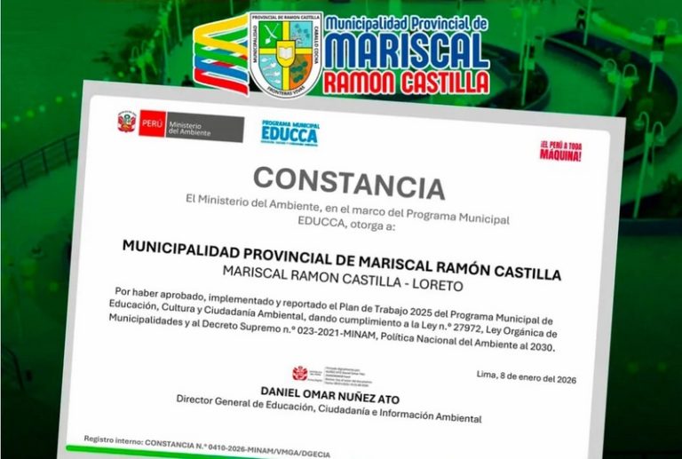Municipalidad provincial de Mariscal Ramón Castilla recibe reconocimiento por compromiso ambiental